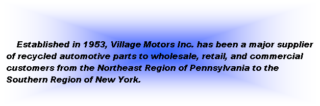 Text Box:  
     Established in 1953, Village Motors Inc. has been a major supplier of recycled automotive parts to wholesale, retail, and commercial customers from the Northeast Region of Pennsylvania to the Southern Region of New York.
